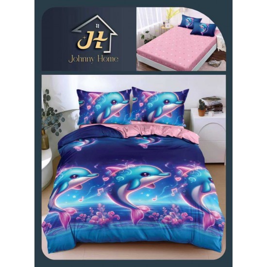 Lenjerie Pat Dublu Bumbac Satinat Superior 4 Piese cu Elastic – Model Delfini Albastru-Roz, LLE-011 Oferta Trio 229