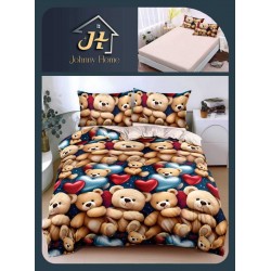 Lenjerie Pat Dublu Bumbac Satinat Superior 4 Piese cu Elastic – Model Ursuleți cu Inimioare, Multicolor, LLE-012