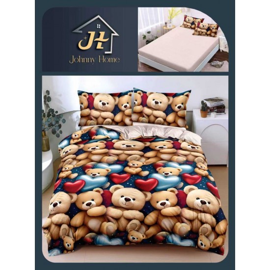 Lenjerie Pat Dublu Bumbac Satinat Superior 4 Piese cu Elastic – Model Ursuleți cu Inimioare, Multicolor, LLE-012 Oferta Trio 229