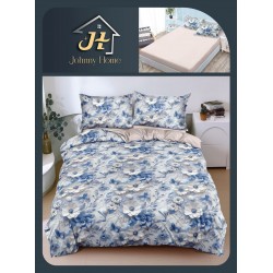 Lenjerie Pat Dublu Bumbac Satinat Superior 4 Piese cu Elastic – Model Floral Albastru Elegant, LLE-013