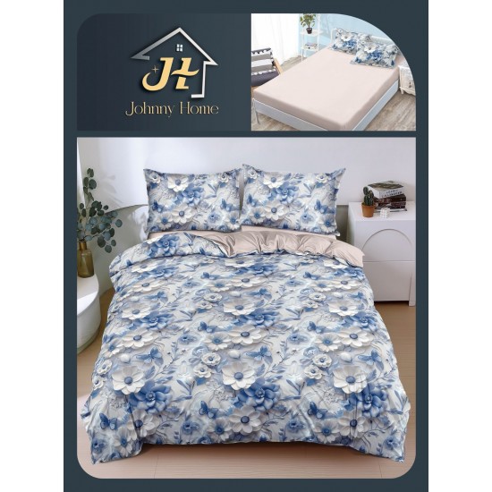 Lenjerie Pat Dublu Bumbac Satinat Superior 4 Piese cu Elastic – Model Floral Albastru Elegant, LLE-013 Oferta Trio 229