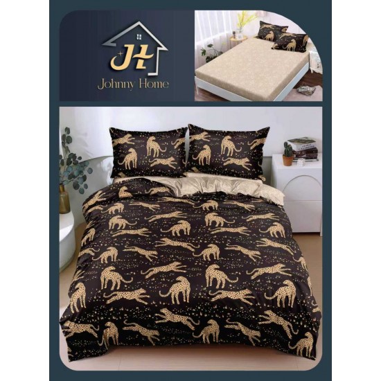 Lenjerie Pat Dublu Bumbac Satinat Superior 4 Piese cu Elastic – Model Leopard Elegant Negru cu Auriu, LLE-014 Oferta Trio 229