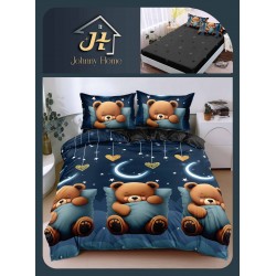 Lenjerie Pat Dublu Bumbac Satinat Superior 4 Piese cu Elastic – Model Ursuleți Dormind, Albastru Noapte, LLE-015