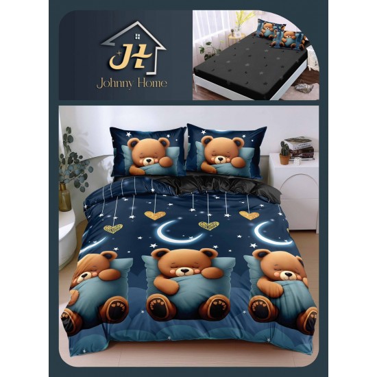 Lenjerie Pat Dublu Bumbac Satinat Superior 4 Piese cu Elastic – Model Ursuleți Dormind, Albastru Noapte, LLE-015 Oferta Trio 229