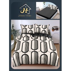 Lenjerie Pat Dublu Bumbac Satinat Superior 4 Piese cu Elastic – Model Geometric Modern Alb-Negru, LLE-016