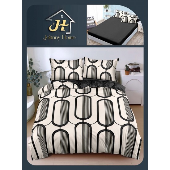 Lenjerie Pat Dublu Bumbac Satinat Superior 4 Piese cu Elastic – Model Geometric Modern Alb-Negru, LLE-016 Oferta Trio 229