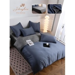 Lenjerie Pat Dublu 6 Piese din Mătase Fină – Albastru Petrol cu Gri, LMS-023