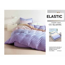 Set Lenjerie Pat Dublu Bumbac Satinat 4 Piese cu Cearșaf cu Elastic – Model Mov Lila Pastel și Crem Degrade, LES-002
