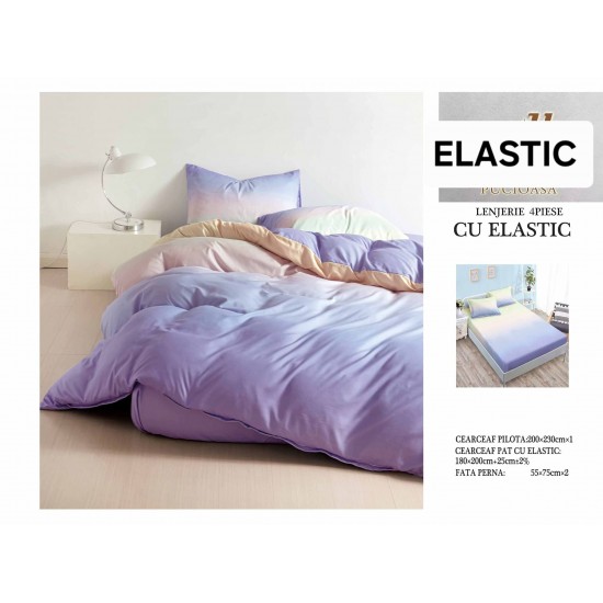 Set Lenjerie Pat Dublu Bumbac Satinat 4 Piese cu Cearșaf cu Elastic – Model Mov Lila Pastel și Crem Degrade, LES-002 3 lenjerii la 199 lei