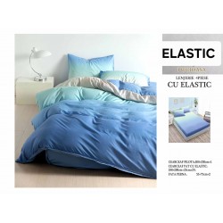 Set Lenjerie Pat Dublu Bumbac Satinat 4 Piese cu Cearșaf cu Elastic – Model Albastru Degrade și Verde Mentă, LES-003