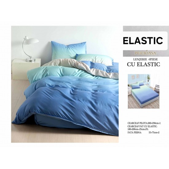 Set Lenjerie Pat Dublu Bumbac Satinat 4 Piese cu Cearșaf cu Elastic – Model Albastru Degrade și Verde Mentă, LES-003 3 lenjerii la 199 lei