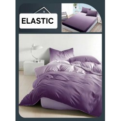 Set Lenjerie Pat Dublu Bumbac Satinat 4 Piese cu Cearșaf cu Elastic – Model Mov Lila Degrade, LES-004