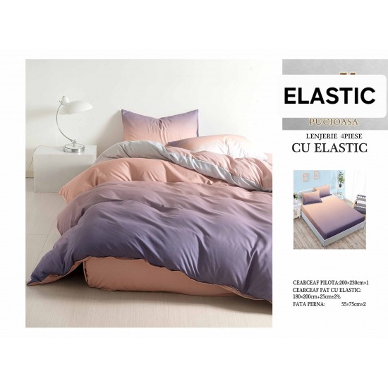 Set Lenjerie Pat Dublu Bumbac Satinat 4 Piese cu Cearșaf cu Elastic – Model Mov Lila și Roz Pudrat Degrade, LES-006 3 lenjerii la 199 lei