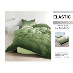 Set Lenjerie Pat Dublu Bumbac Satinat 4 Piese cu Cearșaf cu Elastic – Model Verde Degrade, LES-008