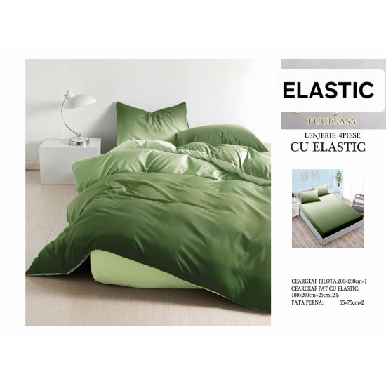 Set Lenjerie Pat Dublu Bumbac Satinat 4 Piese cu Cearșaf cu Elastic – Model Verde Degrade, LES-008 3 lenjerii la 199 lei