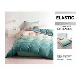 Set Lenjerie Pat Dublu Bumbac Satinat 4 Piese cu Cearșaf cu Elastic – Model Degrade Verde Mentă și Roz Pudrat, LES-010