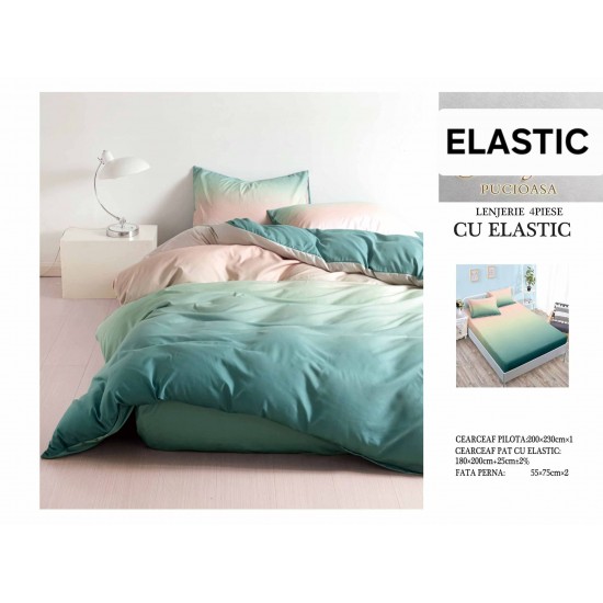 Set Lenjerie Pat Dublu Bumbac Satinat 4 Piese cu Cearșaf cu Elastic – Model Degrade Verde Mentă și Roz Pudrat, LES-010 3 lenjerii la 199 lei