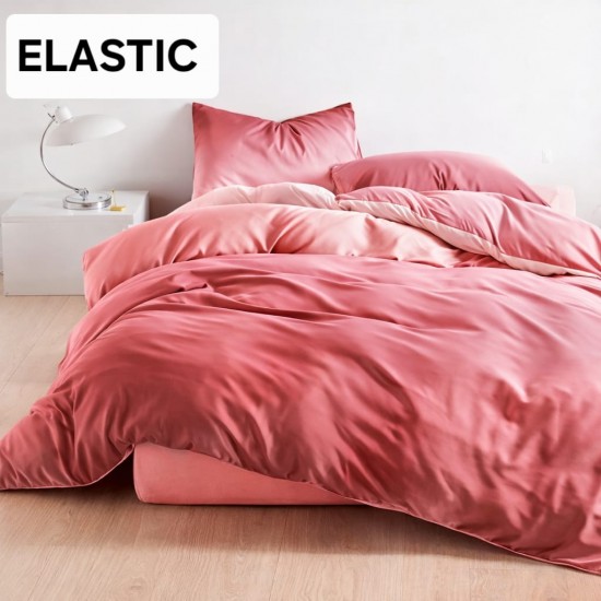 Set Lenjerie Pat Dublu Bumbac Satinat 4 Piese cu Cearșaf cu Elastic – Model Coral Roz Somon Degrade, LES-011 3 lenjerii la 199 lei