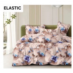 Set Lenjerie Pat Dublu Bumbac Satinat 4 Piese cu Cearșaf cu Elastic – Model Floral Bej cu Trandafiri Bleu și Mov, LES-012