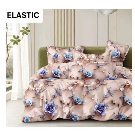 Set Lenjerie Pat Dublu Bumbac Satinat 4 Piese cu Cearșaf cu Elastic – Model Floral Bej cu Trandafiri Bleu și Mov, LES-012 3 lenjerii la 199 lei