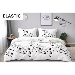 Set Lenjerie Pat Dublu Bumbac Satinat 4 Piese cu Cearșaf cu Elastic – Model Stele Alb Negru Elegant, LES-013