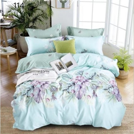 Lenjerie Pat Dublu Finet 6 Piese cu Cearșaf Normal – Model Bleu Deschis cu Imprimeu Floral Elegant, OLD-136 Oferta duo bumbac-finet