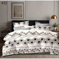 Lenjerie Pat Dublu Finet 6 Piese cu Cearșaf Normal – Model Alb Gri cu Imprimeu Elegant, OLD-026