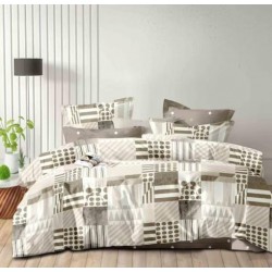 Lenjerie Pat Dublu Finet 6 Piese cu Cearșaf Normal – Model Alb Gri cu Imprimeu Elegant, OLD-124