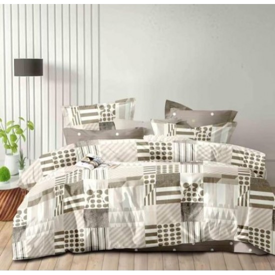 Lenjerie Pat Dublu Finet 6 Piese cu Cearșaf Normal – Model Alb Gri cu Imprimeu Elegant, OLD-124 Oferta duo bumbac-finet
