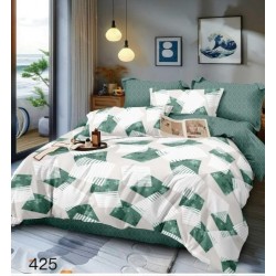 Lenjerie Pat Dublu Finet 6 Piese cu Cearșaf Normal – Model Verde Alb cu Imprimeu Geometric, OLD-003