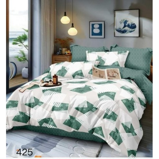 Lenjerie Pat Dublu Finet 6 Piese cu Cearșaf Normal – Model Verde Alb cu Imprimeu Geometric, OLD-003 Oferta duo bumbac-finet