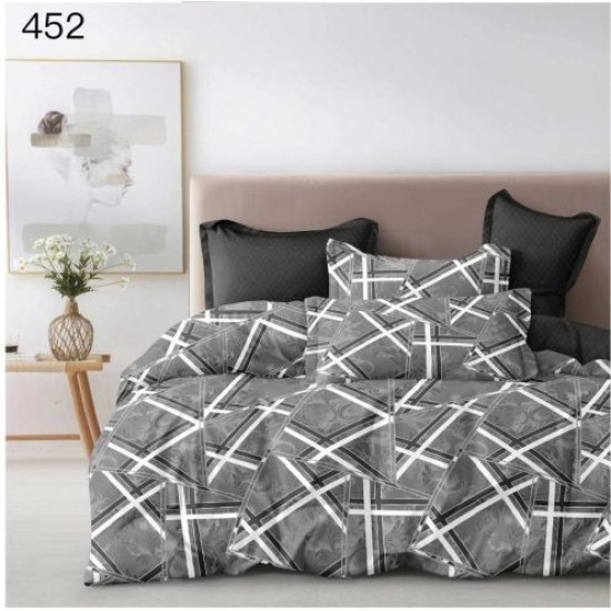 Lenjerie Pat Dublu Finet – Set 6 Piese cu Cearșaf Normal, Model Gri Antracit Geometric, OLD-004 Oferta duo bumbac-finet