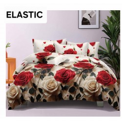 Set Lenjerie Pat Dublu Bumbac Satinat 4 Piese cu Cearșaf cu Elastic – Model Trandafiri Roșii și Albi, LDBS-020