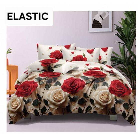 Set Lenjerie Pat Dublu Bumbac Satinat 4 Piese cu Cearșaf cu Elastic – Model Trandafiri Roșii și Albi, LDBS-020 3 lenjerii la 199 lei