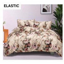 Set Lenjerie Pat Dublu Bumbac Satinat 4 Piese cu Cearșaf cu Elastic – Model Floral Bej cu Bujori și Trandafiri, LES-014