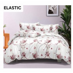 Set Lenjerie Pat Dublu Bumbac Satinat 4 Piese cu Cearșaf cu Elastic – Model Floral Alb cu Trandafiri Roz, LES-015