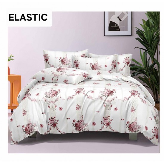 Set Lenjerie Pat Dublu Bumbac Satinat 4 Piese cu Cearșaf cu Elastic – Model Floral Alb cu Trandafiri Roz, LES-015 3 lenjerii la 199 lei