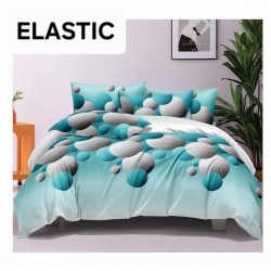Set Lenjerie Pat Dublu Bumbac Satinat 4 Piese cu Cearșaf cu Elastic – Model Turcoaz cu Cercuri, LES-020