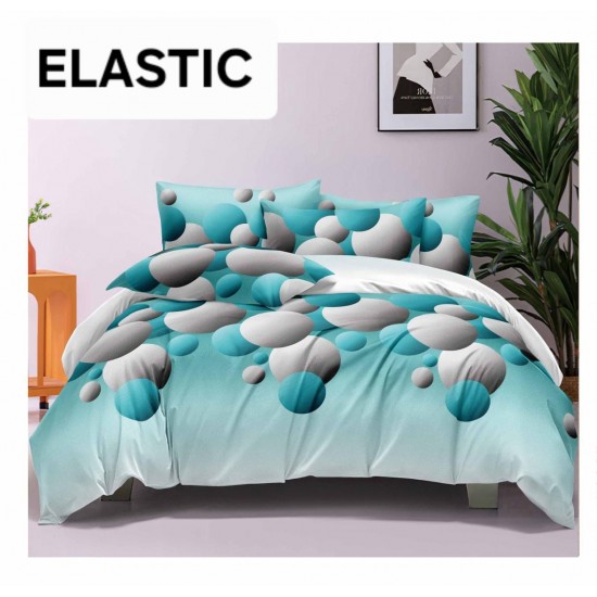 Set Lenjerie Pat Dublu Bumbac Satinat 4 Piese cu Cearșaf cu Elastic – Model Turcoaz cu Cercuri, LES-020 3 lenjerii la 199 lei