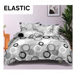 Set Lenjerie Pat Dublu Bumbac Satinat 4 Piese cu Cearșaf cu Elastic – Model Gri Alb cu Cercuri, LES-021