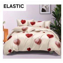 Set Lenjerie Pat Dublu Bumbac Satinat 4 Piese cu Cearșaf cu Elastic – Model Crem cu Inimioare Roșii și Roz, LES-022
