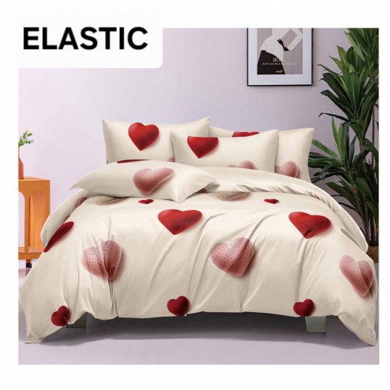 Set Lenjerie Pat Dublu Bumbac Satinat 4 Piese cu Cearșaf cu Elastic – Model Crem cu Inimioare Roșii și Roz, LES-022 3 lenjerii la 199 lei