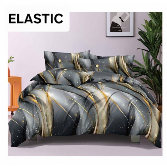 Set Lenjerie Pat Dublu Bumbac Satinat 4 Piese cu Cearșaf cu Elastic – Model Gri Negru cu Accente Aurii Abstracte, LES-023 3 lenjerii la 199 lei