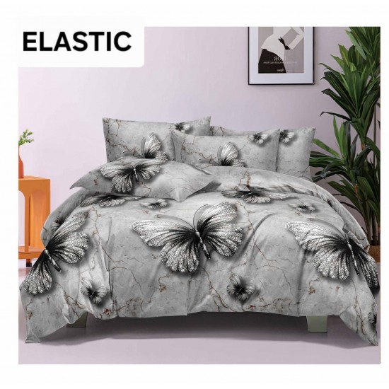 Set Lenjerie Pat Dublu Bumbac Satinat 4 Piese cu Cearșaf cu Elastic – Model Gri cu Fluturi, LES-024 3 lenjerii la 199 lei
