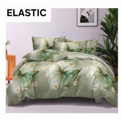 Set Lenjerie Pat Dublu Bumbac Satinat 4 Piese cu Cearșaf cu Elastic – Model Verde Mentă cu Fluturi și Flori, LES-025