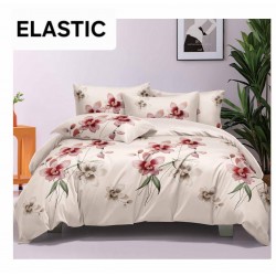 Set Lenjerie Pat Dublu Bumbac Satinat 4 Piese cu Cearșaf cu Elastic – Model Crem cu Flori Roz, LES-026