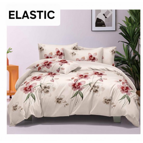 Set Lenjerie Pat Dublu Bumbac Satinat 4 Piese cu Cearșaf cu Elastic – Model Crem cu Flori Roz, LES-026 3 lenjerii la 199 lei