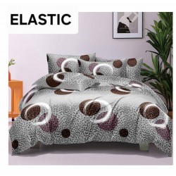 Set Lenjerie Pat Dublu Bumbac Satinat 4 Piese cu Cearșaf cu Elastic – Model Cercuri Moderne Gri cu Maro, LES-027