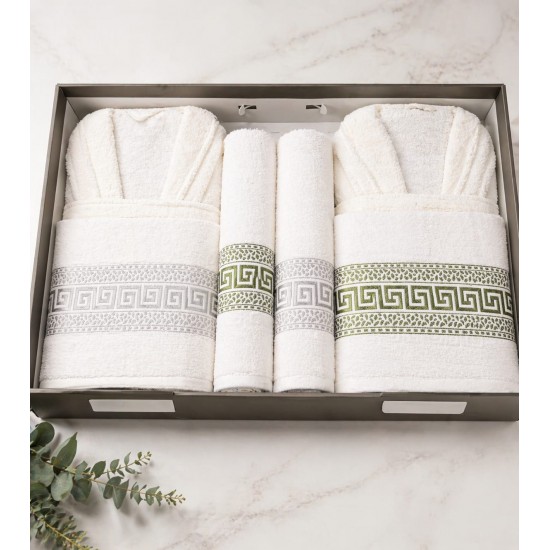 Set 6 Piese 2 Halate + 4 Prosoape, Verde și Gri Deschis, Model Brodat Elegant, HBC-004 Halate de baie