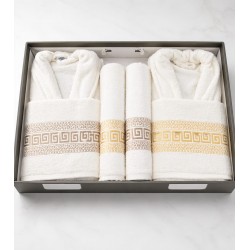 Set 6 Piese 2 Halate + 4 Prosoape, Bej și Galben, Model Brodat Elegant, HBC-005